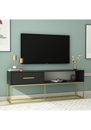 Mira Tv Ünitesi 160 Cm Kapaklı Ve Raflı, Gold Ayak, Modern Tasarım - Siyah/gold Siyah/gold