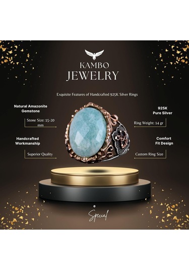 Denizci Çapa Gümüş Yüzük, Doğal Taş Yüzük Erkekler İçin, 925 Ayar Gümüş Yüzük, Amazonit Gümüş
