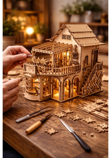 Işıklı Detaylı Kahve Dükkanı Diorama Maketi Ahşap Hobi Seti