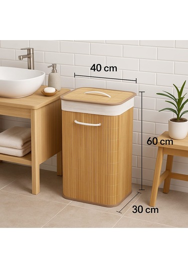 Dekorasyaa Bambu Katlanabilir Kirli Çamaşır Sepeti Dikdörtgen - 40x30x60cm Bambu