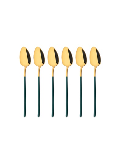 Yeşil - Altın 6 Adet Mavi Altın Çay Kaşığı Seti 18/10 Paslanmaz Çelik Çay Kaşığı Gümüş Küçük Tatlı Kahve Kaşığı 5.5 İnç