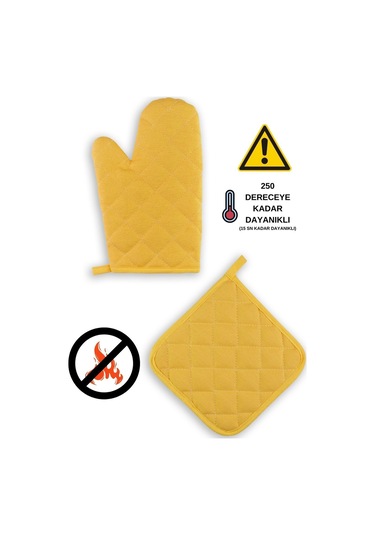 Yanmaz Fırın Eldiveni Ve Fırın Tutacağı 1 Eldiven 1 Tutacak Sarı