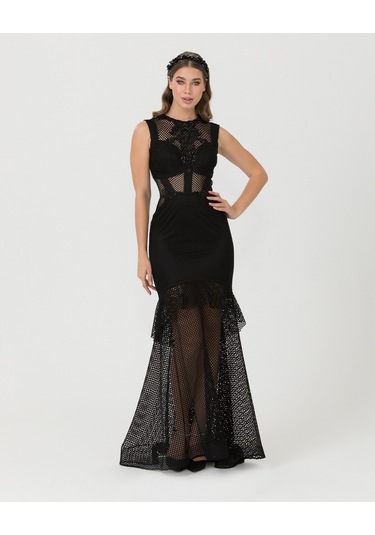 Balık Form Sıfır Yaka Tül Abiye-siyah Siyah