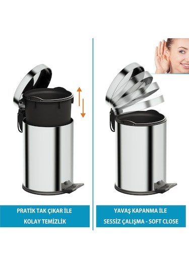 Aqua Bagno Basic Çöp Kovası - Pedallı 3 L, Parlak Krom Paslanmaz Krom