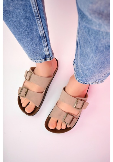 Muggo Rehda Garantili İki Toka Rahat Taban Ayarlanabilir Unisex Terlik Bej