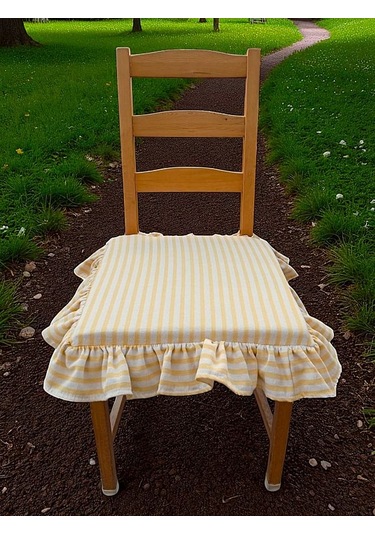 Sarı Çizgili Buldan Yıkanmıs Keten 4 Tarafı Fırfırlı Sandalye Minderi Renkli