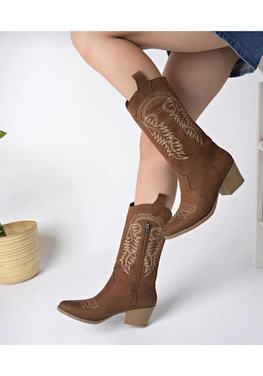 Kovboy Kanvas Western Tarz Sivri Bot Taba