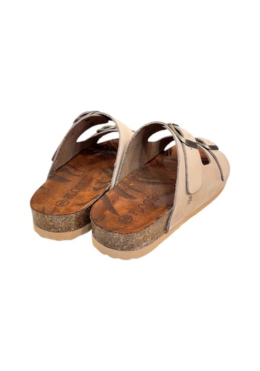 Bej Hakiki Deri Nubuk Çift Bant Tokalı Mantar Taban Terlik Bej