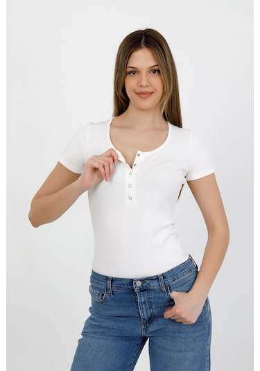 Hdm Kadın Esnek Fitilli Yakası Çıtçıtlı Ekru Kısa Kol Basic Örme Bluz - H5993