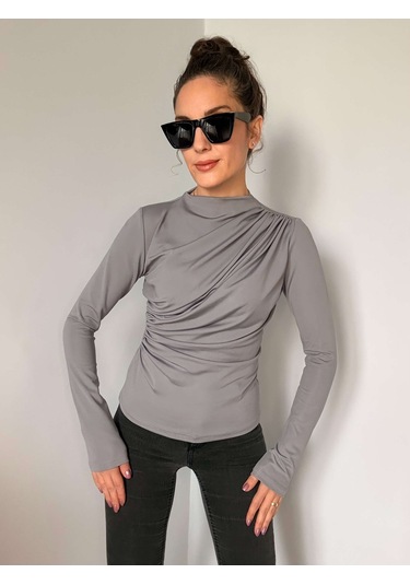 Ali Butik Gri Balıkçı Yaka Tasarım Bluz Gri