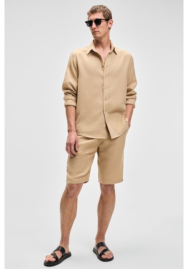 Raımo Erkek %100 Pamuklu Müslin Kumaş Manşetli Uzun Kol Comfort Fit Bej Gömlek