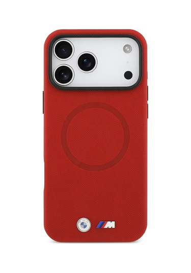 İphone 17 Pro Max Uyumlu Kılıf Bmw Lisanslı M-safeli Metal Logo Delikli M Dizayn Deri Kapak Kırmızı Kirmizi
