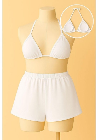 Modadua Kadın Beyaz Şortlu Belden Ve Boyundan Bağlamalı Bikini Takımı