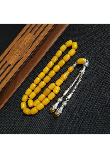 Vipkehribar Sarı Hareli Sıkma Kehribar Yılangözü Tesbih 8 x11 MM
