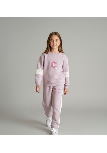 3 İplik Şardonlu C Harfli Nakış Detaylı Şeritli Pembe Kız Çocuk Eşofman Takımı Pembe