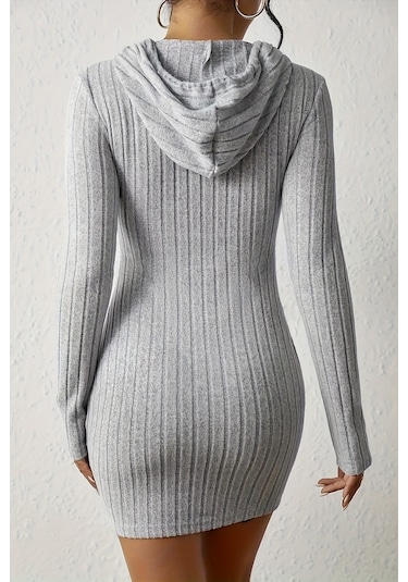 Merry See Uzun Kollu Kapşonlu Mini Elbise Gri