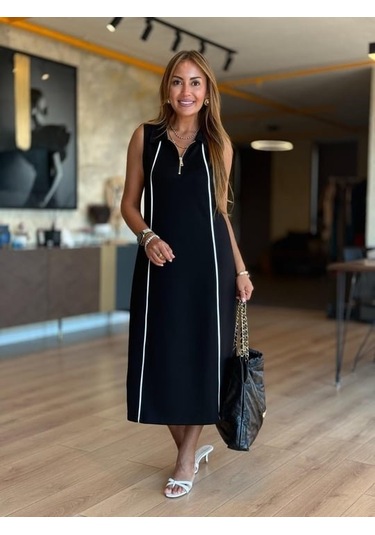 Kadın Modal Kumaş Şerit Detaylı Fermuarlı Midi Elbise Çok Renkli