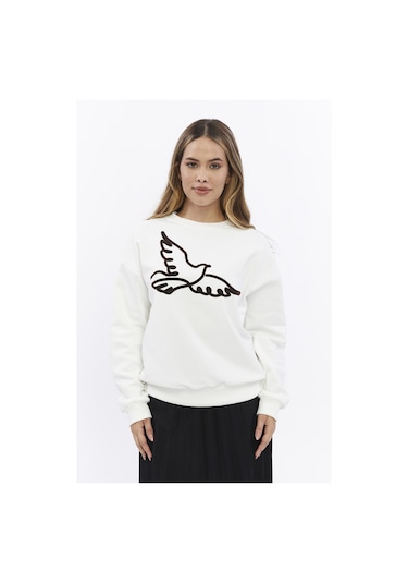 Kadife Kuş Desenli Şardonlu İçi Polarlı Ekru Regular Fit Bisiklet Yaka Kadın Sweatshirt Ekru