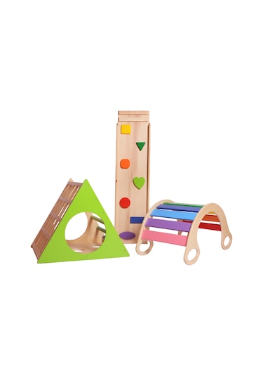 Woodnjoy Ahşap Üçgen Pikler Ve Dönence Setimiz 3'lü Set Renkli