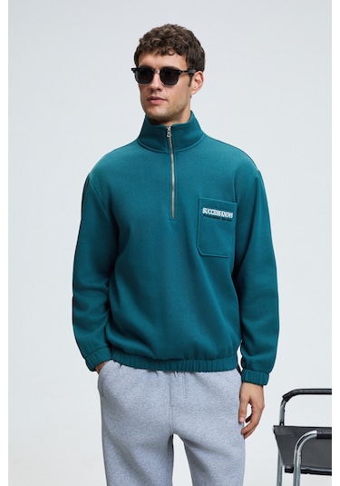 MERRICK Erkek Sırt Baskılı Cebi Nakışlı Yarım Fermuarlı Kolu Lastikli Dik Yaka Regular Fit Yeşil Swe