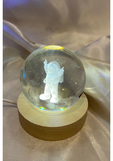 3d Led Işık Cam Küre Tek Renk Günışığı Ahşap Astronot 7 Cm