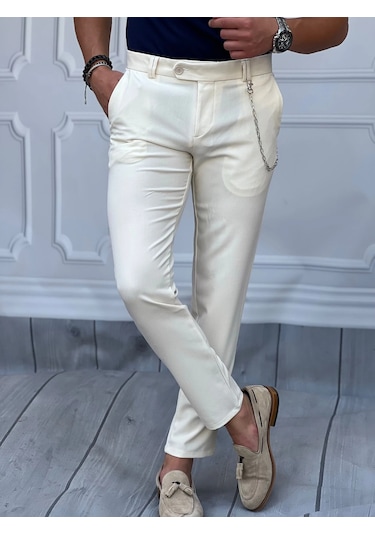 Modefendi Slim Fit Kalıp Düz Kumaş Pantolon Beyaz