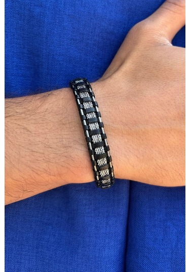 Şık Damalı Desen El İşçiliği İle Üretilmiş Hakiki Deri Erkek Bileklik Siyah - Beyaz