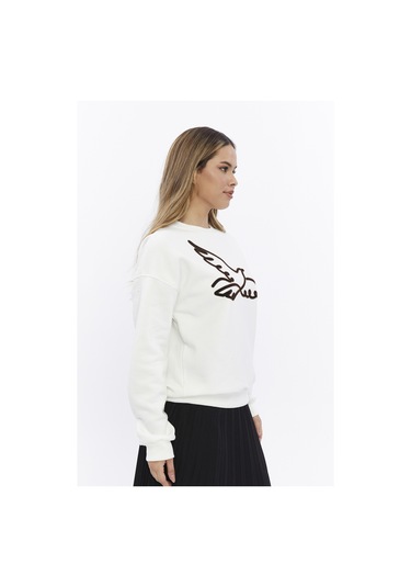 Kadife Kuş Desenli Şardonlu İçi Polarlı Ekru Regular Fit Bisiklet Yaka Kadın Sweatshirt Ekru
