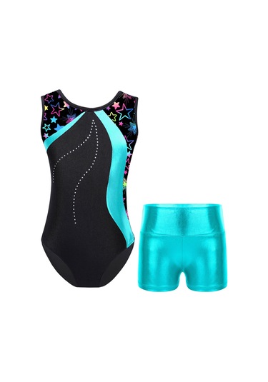 Çocuk Kız Kolsuz Baskılı Patchwork Leotard Metalik Yüksek Bel Şort Setleri Dans Pateni Jimnastik Tulum Göl Yeşili Yeşil