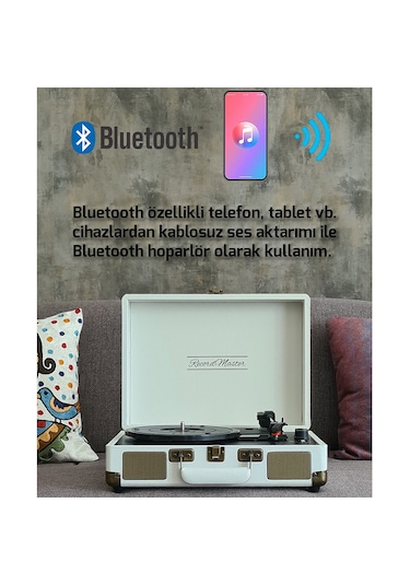 Record Master ST14012 Retro Şarjlı Bluetooth Pikap Kum Beyazı