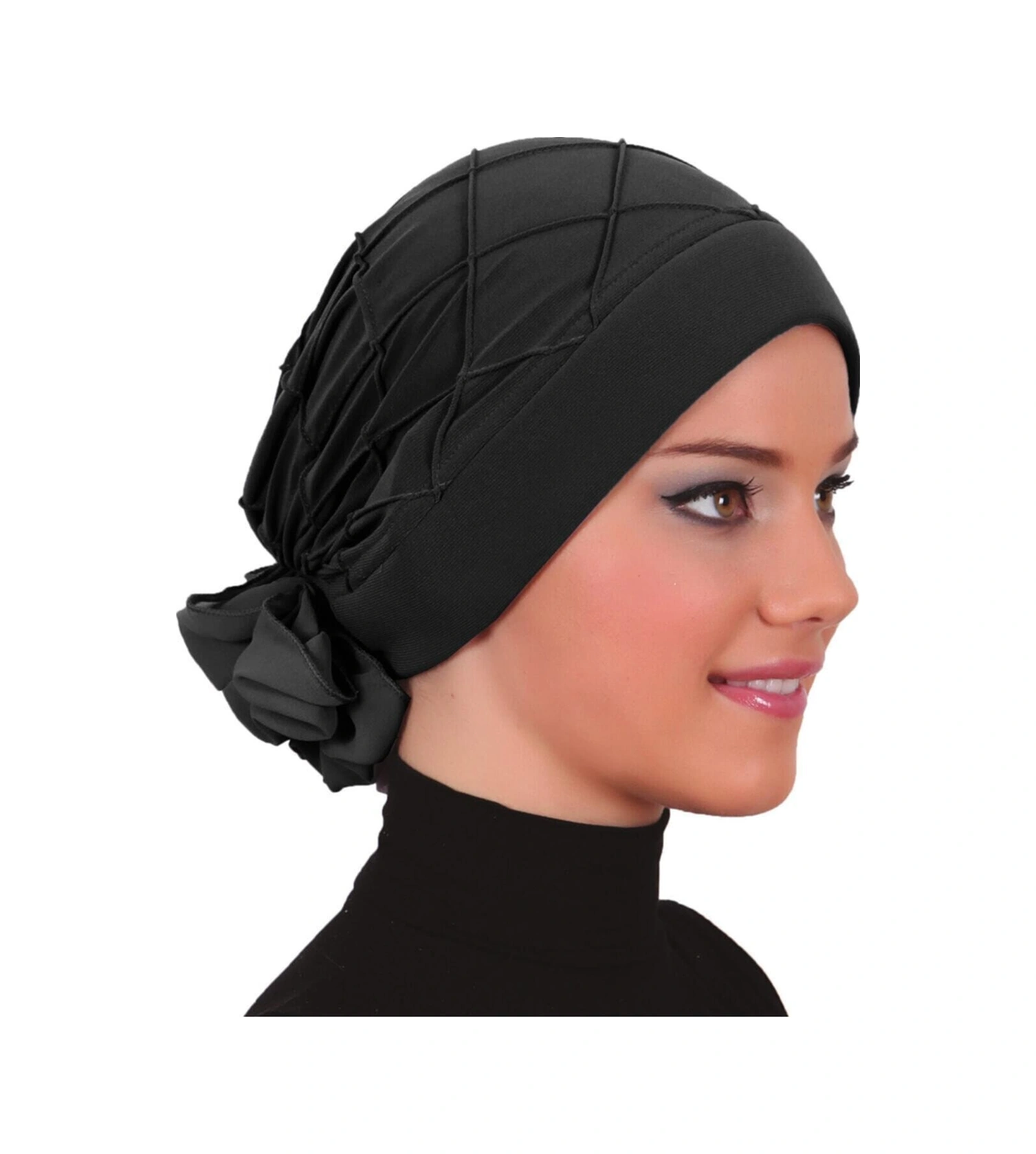 Lüks Nervürlü Arkası Şifon Aksesuarı Siyah Hazır Türban Tesettür Bone Siyah