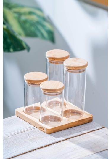 Malibu Bambu Standlı 4 Lü Cam Baharatlık Seti Şeffaf