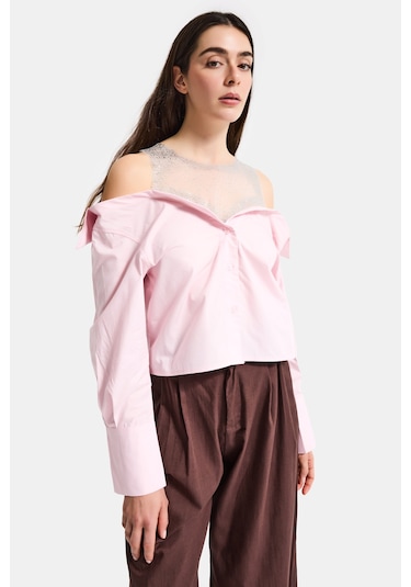 Itsbasic Kadın Pembe Oversize Tül Dantelli Özel Tasarım Gömlek