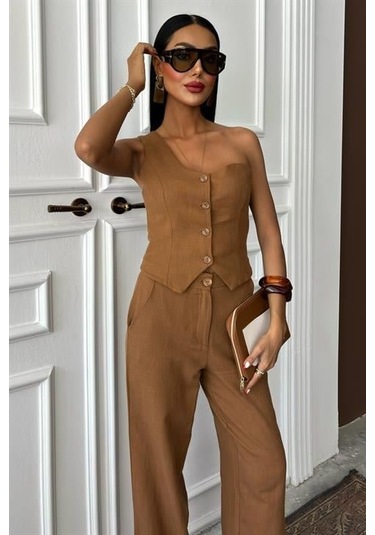 Tek Omuz Büstiyer Plazzo Pantolon Viscon Takım 10159 Kahverengi