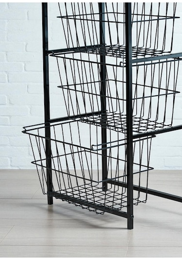 Dekoratif Siyah Metal Sebzelik 3 Raflı Tel Sepetli Çok Amaçlı Stand Siyah