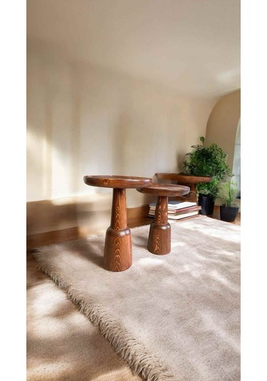 Kestane Renk Doğal Masif Yan Sehpa 2 Li Ahşap Zigon Ve Fiskos