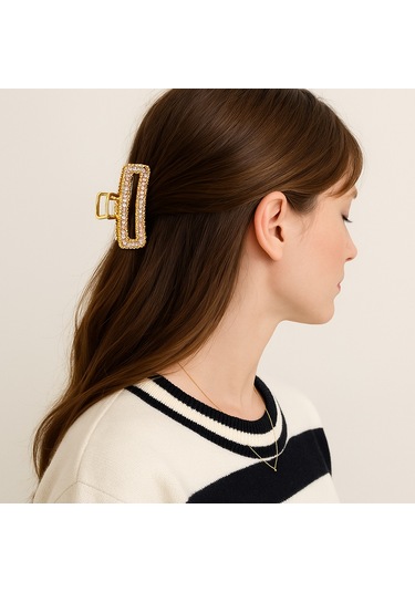 7 Cm Taşlı Eliptik Gold Saç Tokası Işıltılı Ve Zarif Metal Mandal Toka Altın