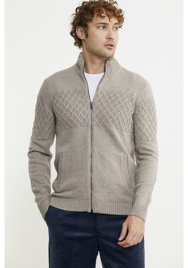 Yakası Suni Kürk Detaylı Triko Mont - Vizon 001