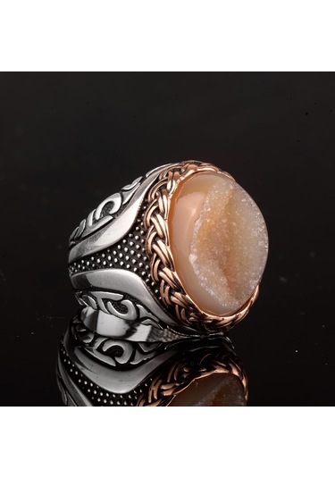 Gerçek Doğal Druzy Kristal Kuvars Taşı Yüzük, Doğum Taşı Yüzüğü, 925 Ayar Gümüş Yüzük Sarı Gümüş