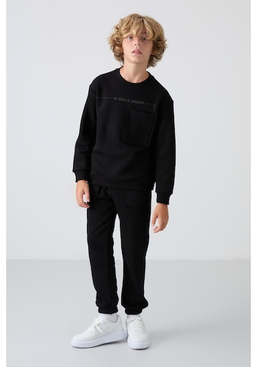 Tommy Life Siyah Pamuklu Kalın İçi Tüylü Yumuşak Dokulu Standart Fit Baskılı Erkek Çocuk Eşofman Takım - 11257 Siyah