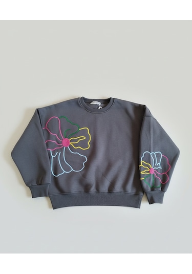 Kız Çocuk Çiçek Nakışlı 3 İplik Şardonlu Eşofman Takımı Gri