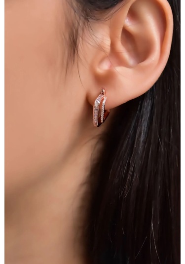 İstanbul Takı 925 Ayar Gümüş Rose Kaplama Çift Kare Halka Baget Taşlı Tamtur Küpe