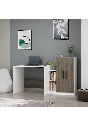 Dekorosso Dekorosso Stic Dolaplı Çalışma Masası Beyaz-Ceviz Beyaz  -  Ceviz