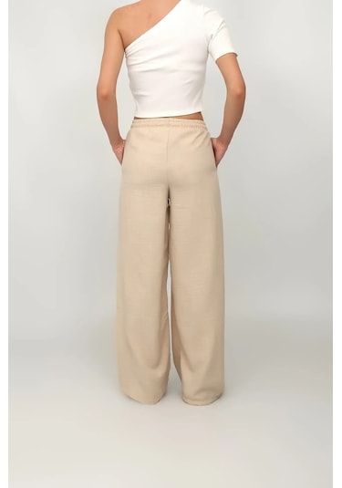 Kadın Beli Lastikli Geniş Paça Keten Pantolon Bej