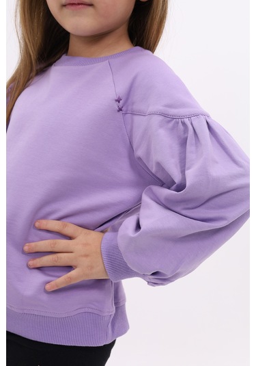 Toontoy Kız Çocuk Relax Fit Bisiklet Yaka Büzgülü Reglan Kol Sweatshirt - 2 İplik Lila