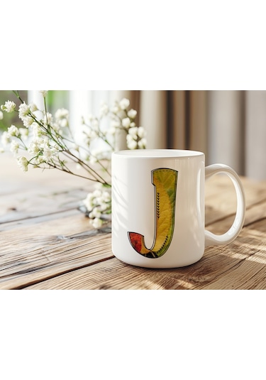 J Harf Yaprak Renkleri İle Kupa Bardak - Kişiye Özel Alfabe Harfli Bardak - Hediye Beyaz