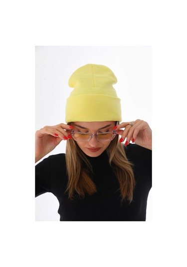 Unisex Kışlık Limon Sarı Katlamalı Bere Sarı