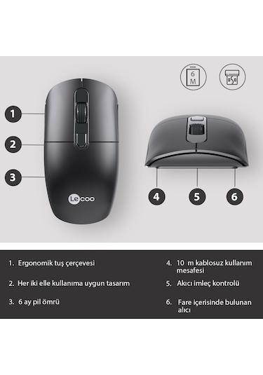 Lecoo M2001 Kablosuz 1600DPI 4 Tuşlu Optik Mouse