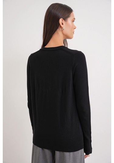 6736 Kadın Bisiklet Yaka Kolu Droplu Triko Kazak Siyah Siyah