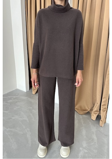 Modagen Kadın Selanik Kumaş Balıkçı Yaka Alt Üst Takım Kahve